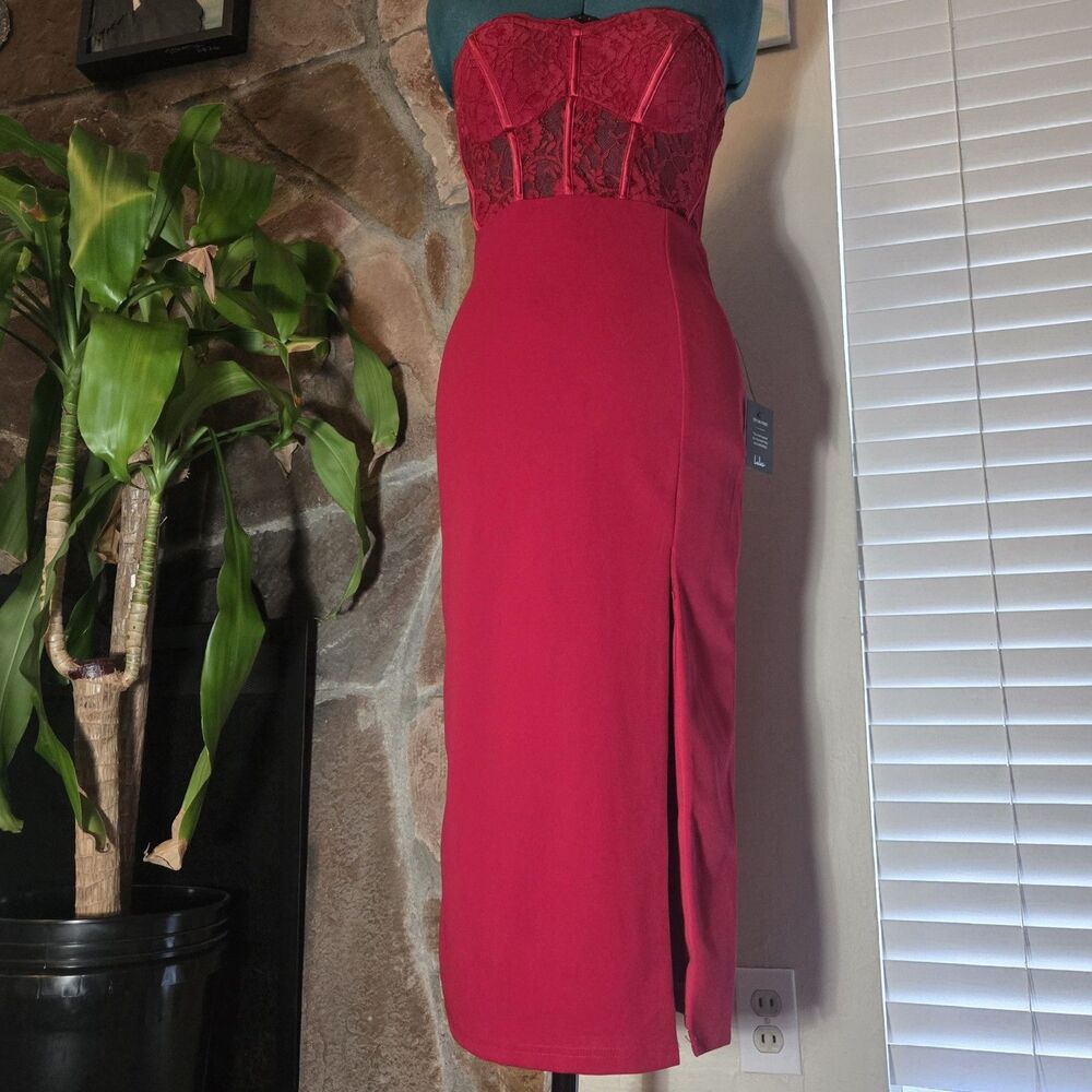 Exquisitely Sultry Wine Red Lace Strapless Bustier Midi Dress Vixen